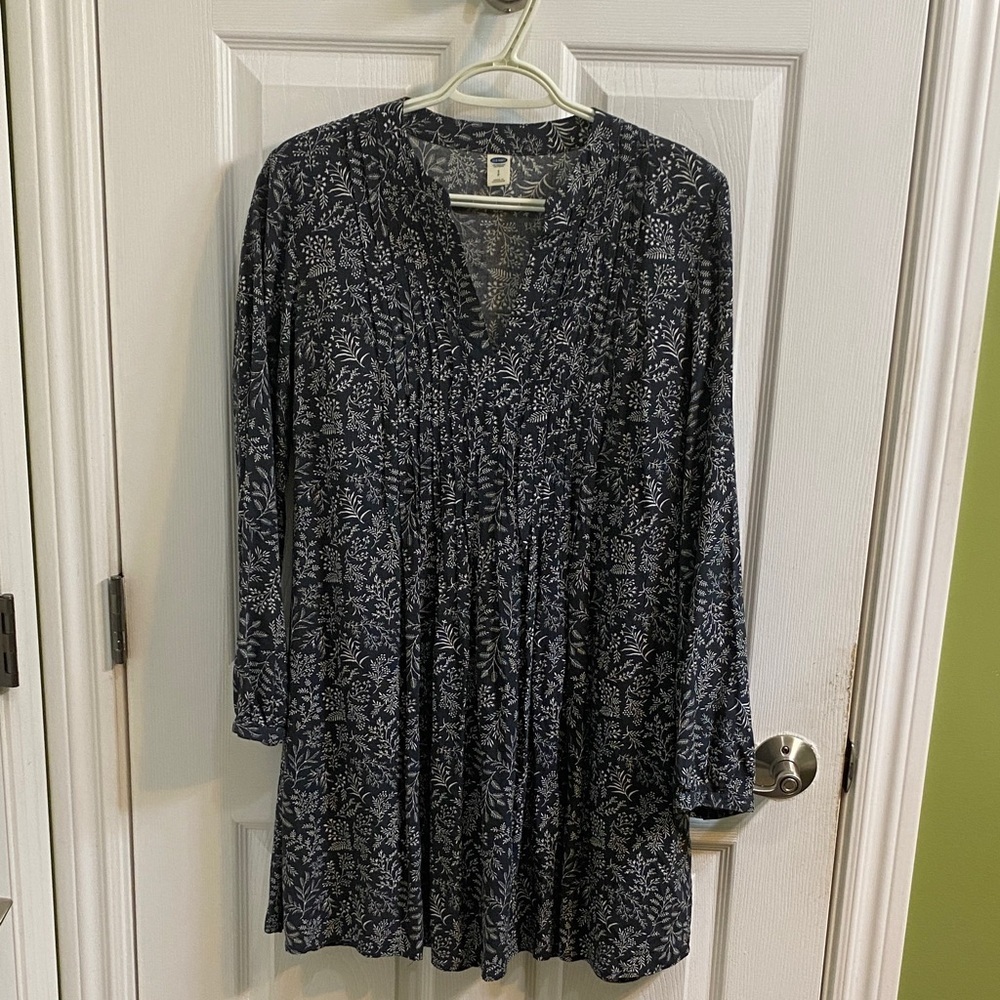Old Navy Long Sleeve Baby Doll Floral Vines Dress Small Blue Grey Pin Tucks